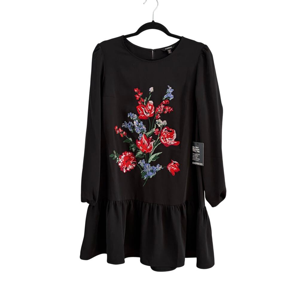 Express Floral Embroidered Black Shift Dress Long Sleeves Women's Size Medium
